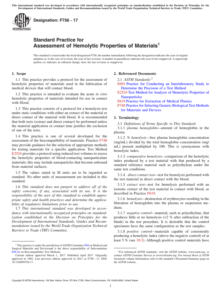 ASTM F756-17 - Standard Practice for  Assessment of Hemolytic Properties of Materials