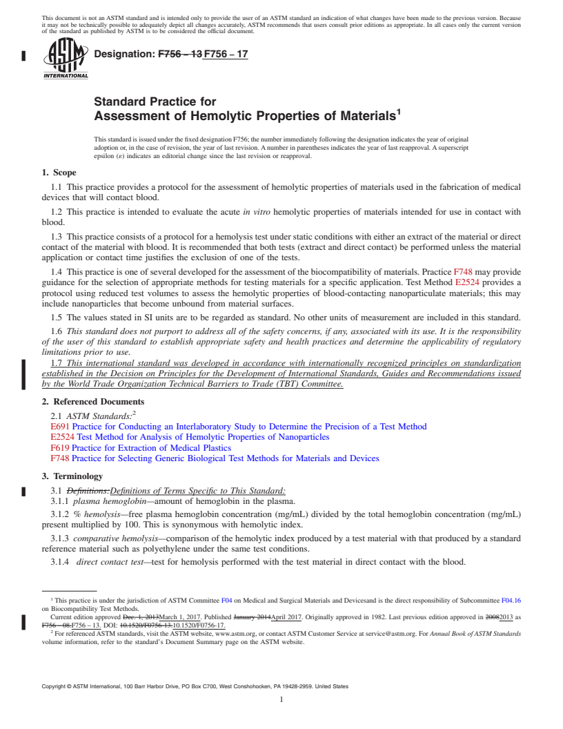 REDLINE ASTM F756-17 - Standard Practice for  Assessment of Hemolytic Properties of Materials