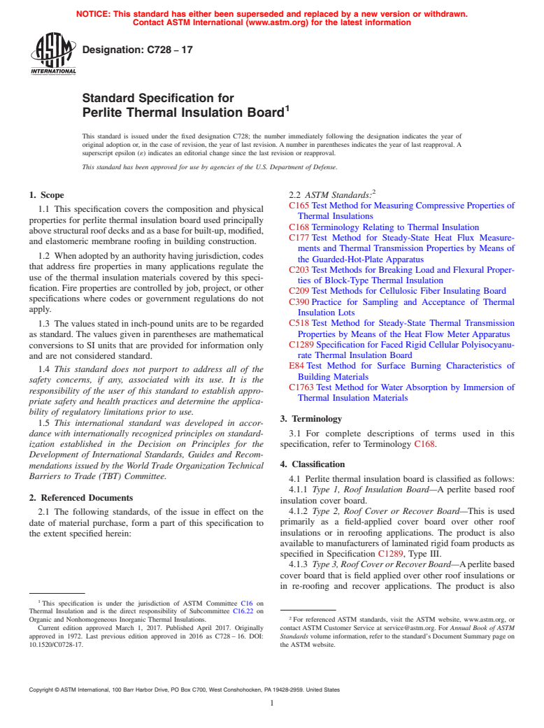 ASTM C728-17 - Standard Specification for  Perlite Thermal Insulation Board