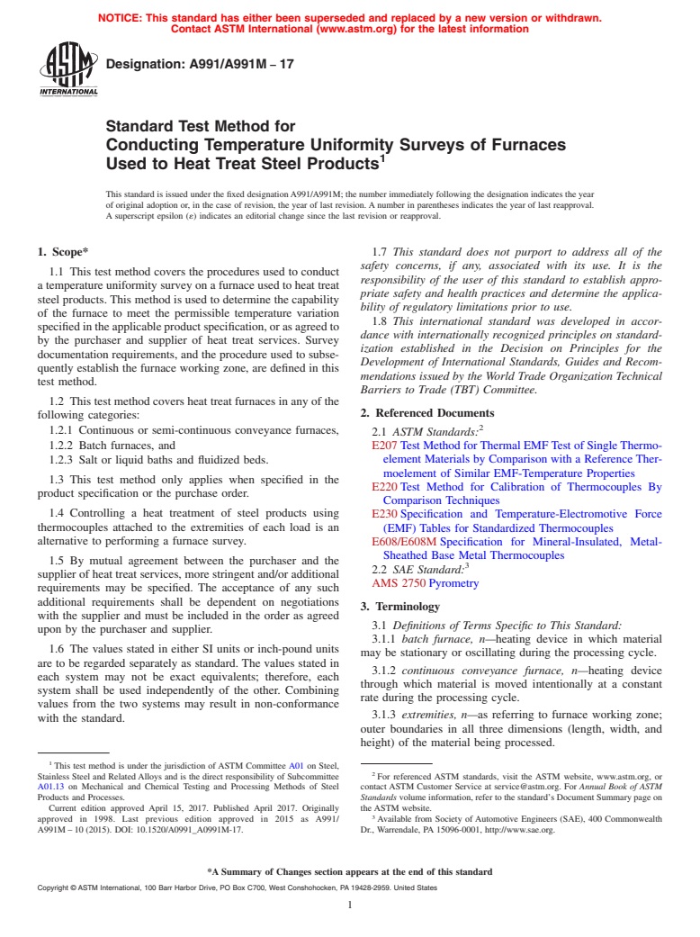 ASTM A991/A991M-17 - Standard Test Method for  Conducting Temperature Uniformity Surveys of Furnaces Used  to Heat Treat Steel Products