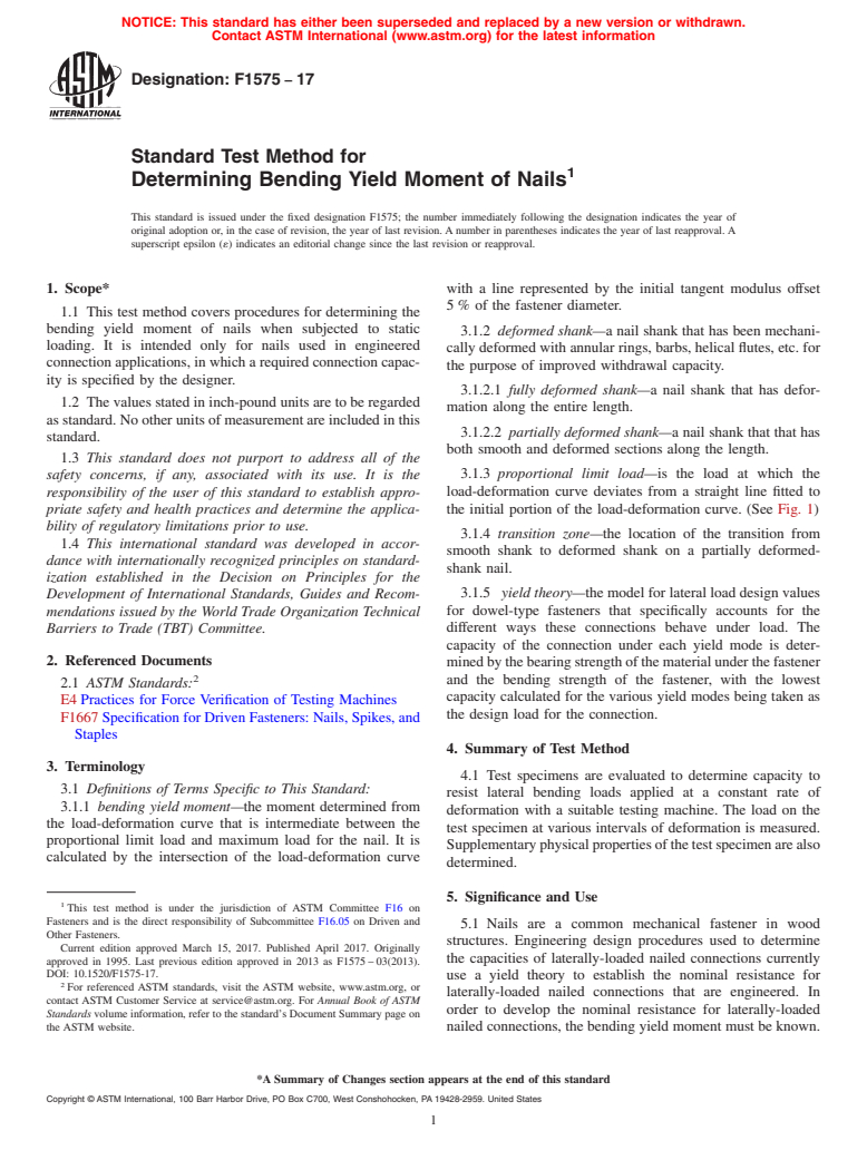 ASTM F1575-17 - Standard Test Method for  Determining Bending Yield Moment of Nails