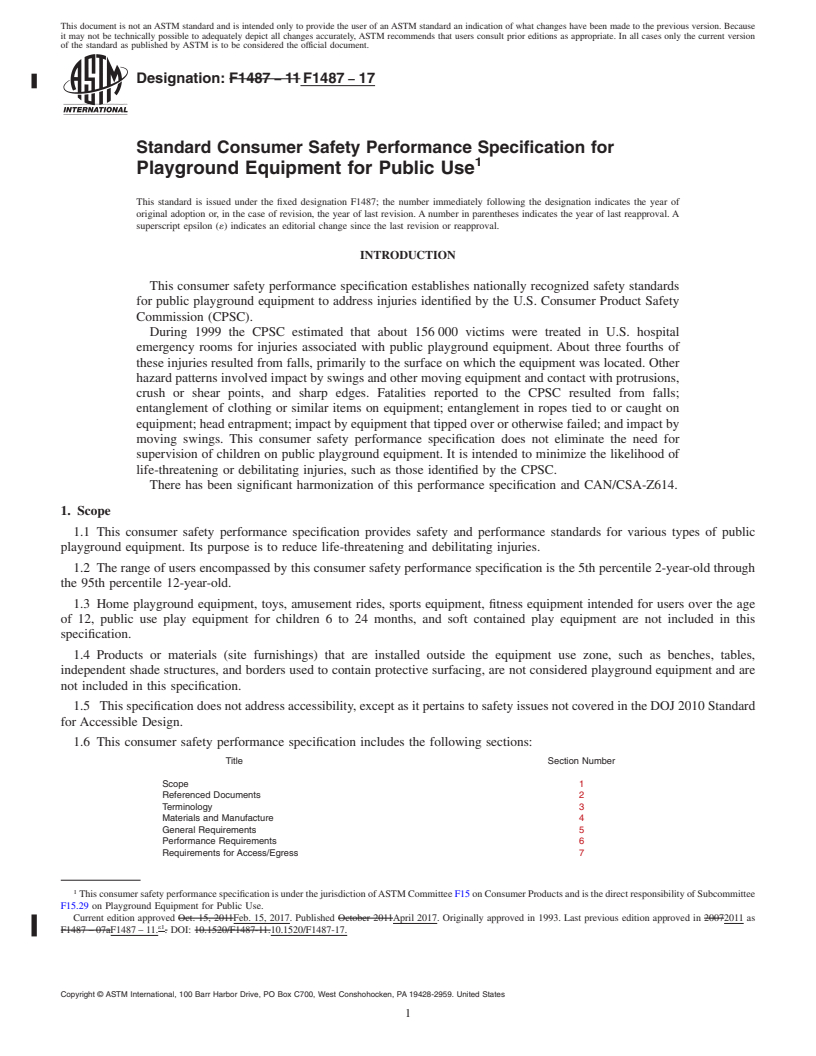 REDLINE ASTM F1487-17 - Standard Consumer Safety Performance Specification for  Playground Equipment for Public Use