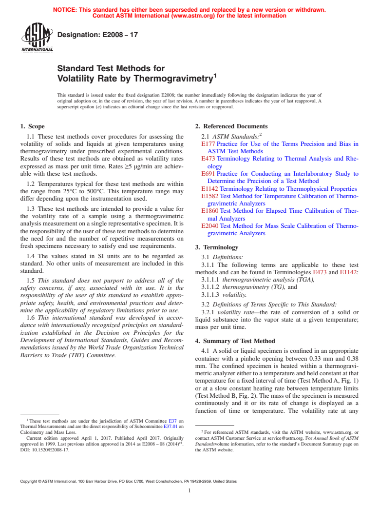 ASTM E2008-17 - Standard Test Methods for  Volatility Rate by Thermogravimetry