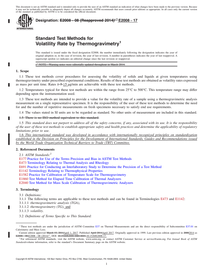 REDLINE ASTM E2008-17 - Standard Test Methods for  Volatility Rate by Thermogravimetry