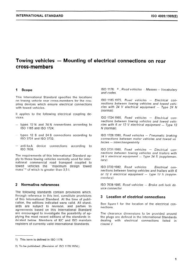 ISO 4009:1989 - Towing vehicles -- Mounting of electrical connections on rear cross-members