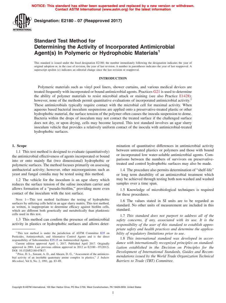 ASTM E2180-07(2017) - Standard Test Method for  Determining the Activity of Incorporated Antimicrobial Agent(s)  In Polymeric or Hydrophobic Materials