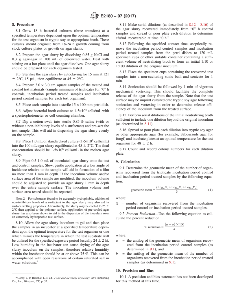 ASTM E2180-07(2017) - Standard Test Method for  Determining the Activity of Incorporated Antimicrobial Agent(s)  In Polymeric or Hydrophobic Materials