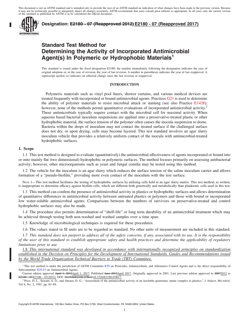 REDLINE ASTM E2180-07(2017) - Standard Test Method for  Determining the Activity of Incorporated Antimicrobial Agent(s)  In Polymeric or Hydrophobic Materials