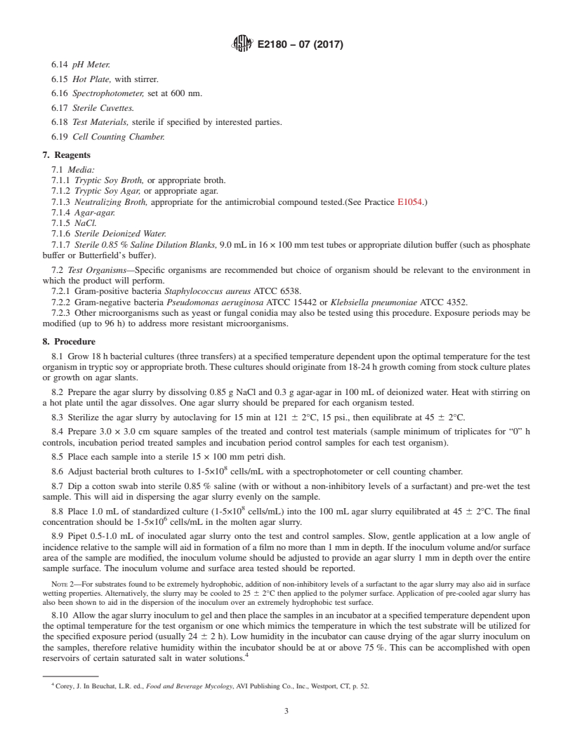 REDLINE ASTM E2180-07(2017) - Standard Test Method for  Determining the Activity of Incorporated Antimicrobial Agent(s)  In Polymeric or Hydrophobic Materials