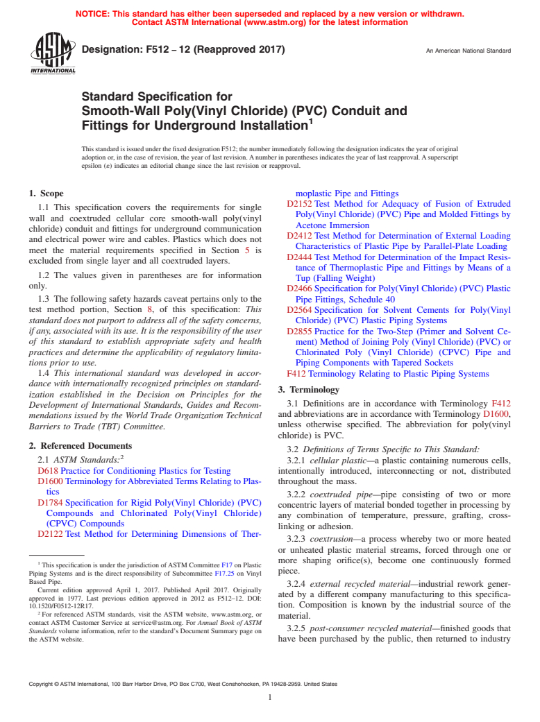 ASTM F512-12(2017) - Standard Specification for  Smooth-Wall Poly(Vinyl Chloride) (PVC) Conduit and Fittings   for Underground Installation