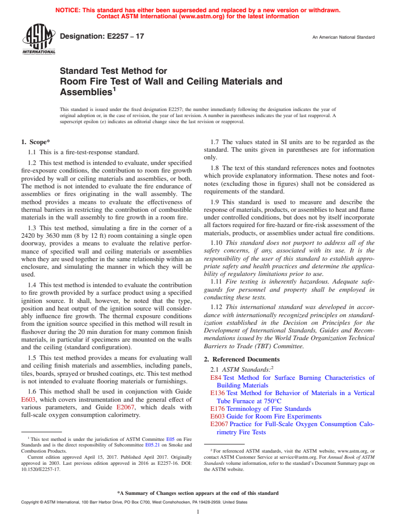 ASTM E2257-17 - Standard Test Method for  Room Fire Test of Wall and Ceiling Materials and Assemblies