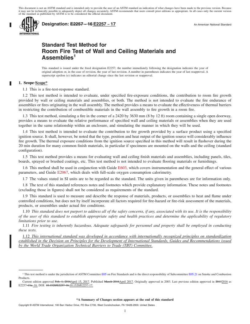 REDLINE ASTM E2257-17 - Standard Test Method for  Room Fire Test of Wall and Ceiling Materials and Assemblies