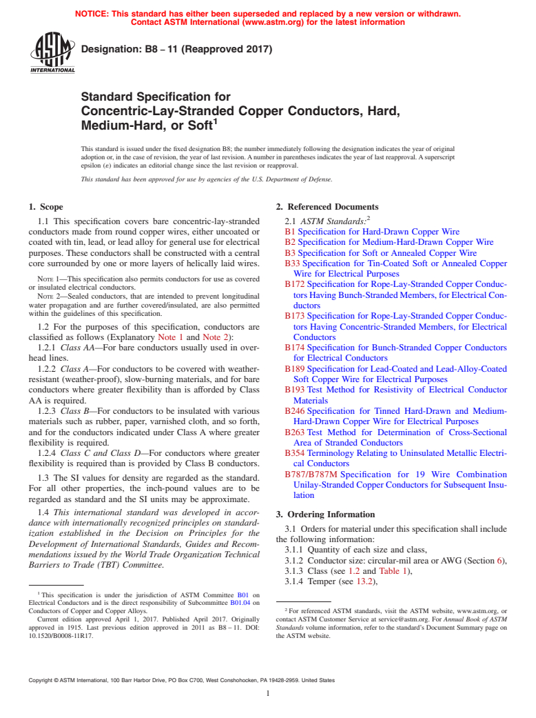 ASTM B8-11(2017) - Standard Specification for Concentric-Lay-Stranded Copper Conductors, Hard, Medium-Hard,   or Soft