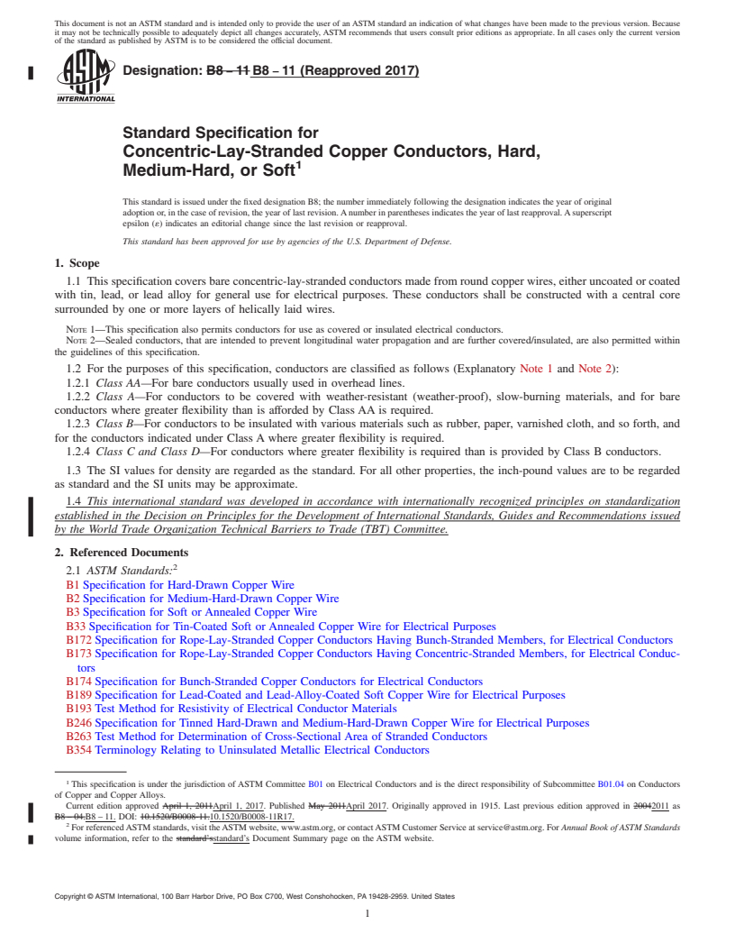 REDLINE ASTM B8-11(2017) - Standard Specification for Concentric-Lay-Stranded Copper Conductors, Hard, Medium-Hard,   or Soft