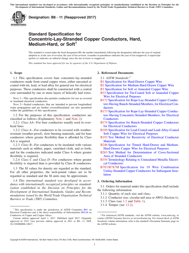 ASTM B8-11(2017) - Standard Specification for Concentric-Lay-Stranded Copper Conductors, Hard, Medium-Hard,   or Soft