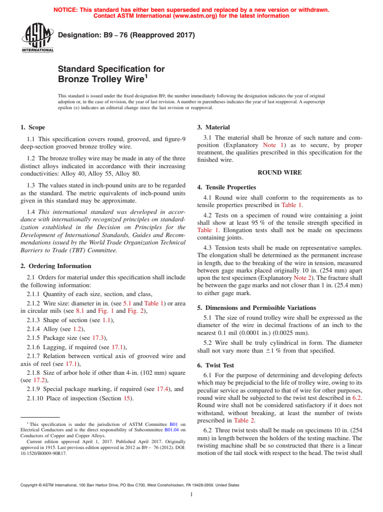 ASTM B9-76(2017) - Standard Specification for Bronze Trolley Wire