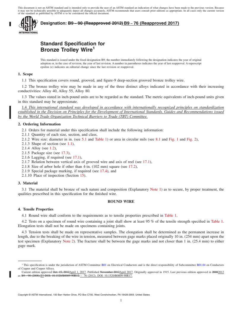 REDLINE ASTM B9-76(2017) - Standard Specification for Bronze Trolley Wire
