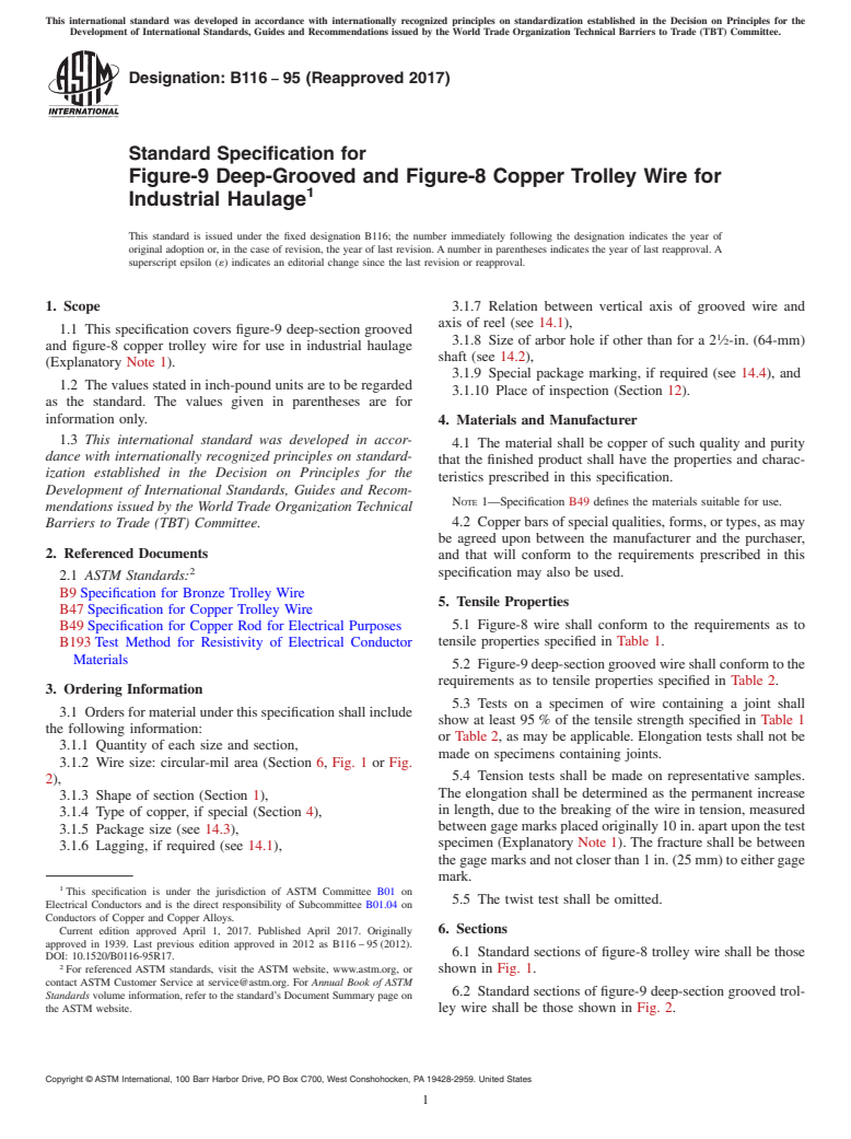 ASTM B116-95(2017) - Standard Specification for Figure-9 Deep-Grooved and Figure-8 Copper Trolley Wire for  Industrial  Haulage