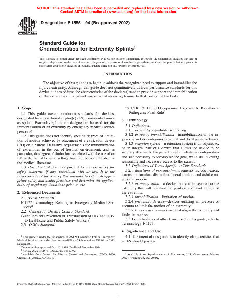 ASTM F1555-94(2002) - Standard Guide for Characteristics for Extremity Splints