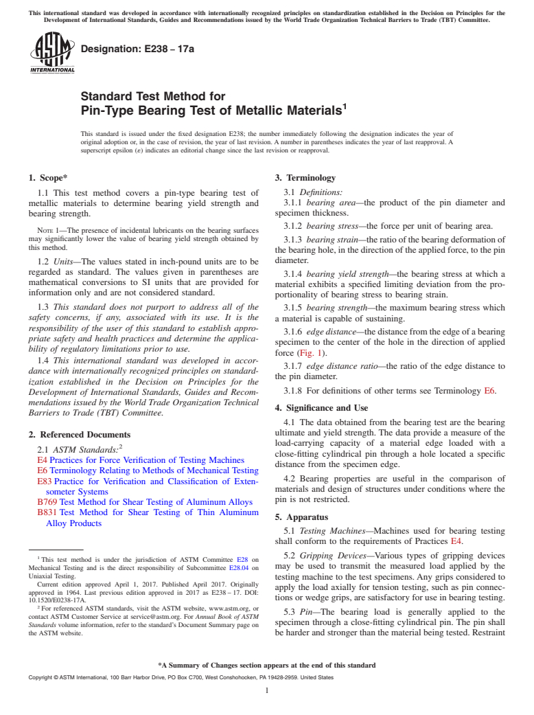 ASTM E238-17a - Standard Test Method for Pin-Type Bearing Test of Metallic Materials
