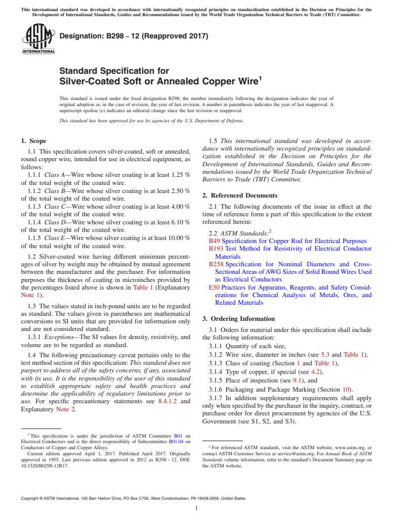 ASTM B298-12(2017) - Standard Specification for Silver-Coated Soft or Annealed Copper Wire