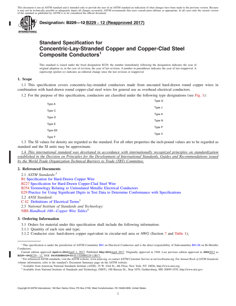 REDLINE ASTM B229-12(2017) - Standard Specification for Concentric-Lay-Stranded Copper and Copper-Clad Steel Composite  Conductors