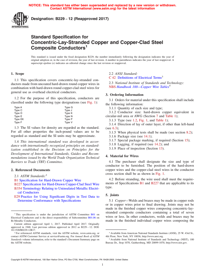 ASTM B229-12(2017) - Standard Specification for Concentric-Lay-Stranded Copper and Copper-Clad Steel Composite  Conductors