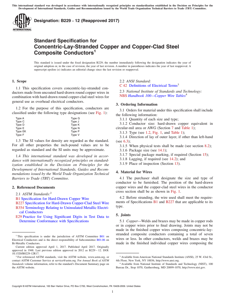 ASTM B229-12(2017) - Standard Specification for Concentric-Lay-Stranded Copper and Copper-Clad Steel Composite  Conductors