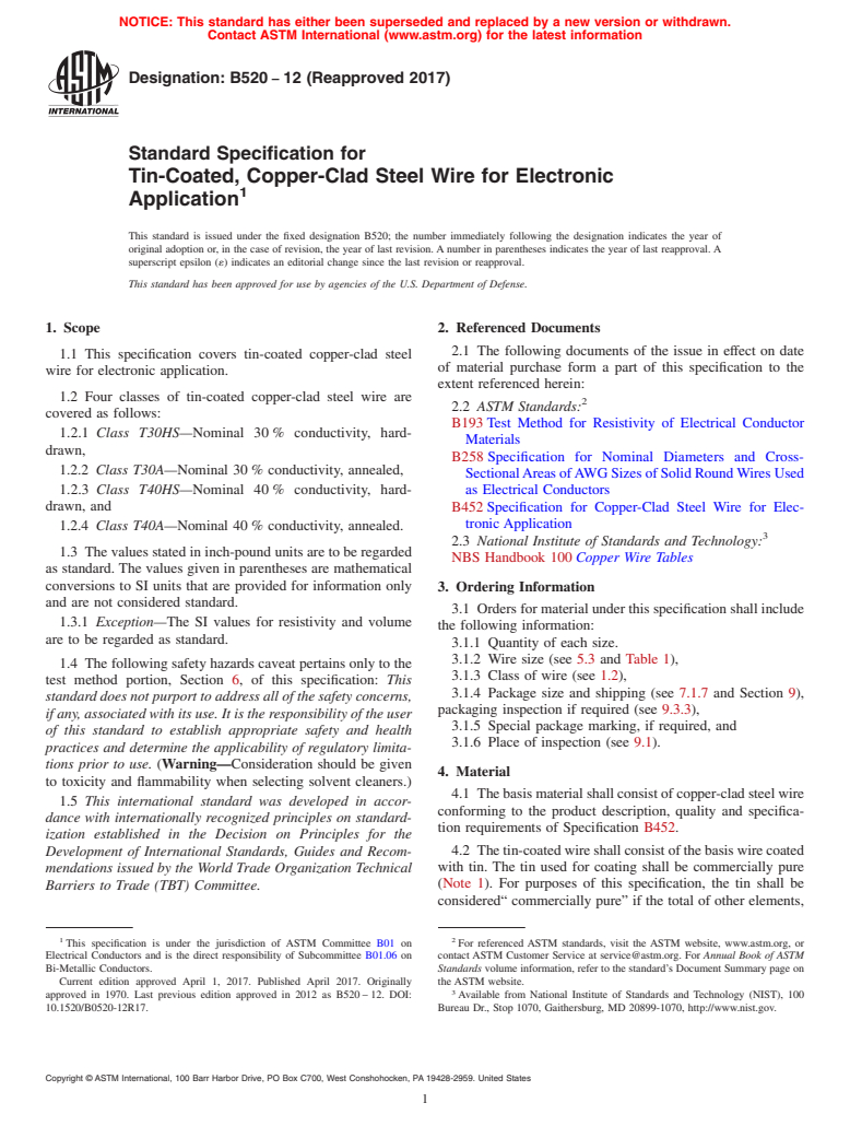 ASTM B520-12(2017) - Standard Specification for Tin-Coated, Copper-Clad Steel Wire for Electronic Application