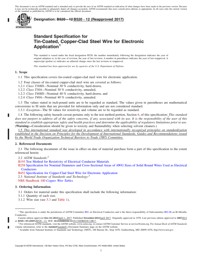 REDLINE ASTM B520-12(2017) - Standard Specification for Tin-Coated, Copper-Clad Steel Wire for Electronic Application
