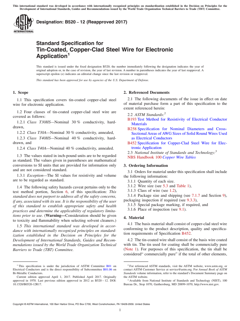 ASTM B520-12(2017) - Standard Specification for Tin-Coated, Copper-Clad Steel Wire for Electronic Application