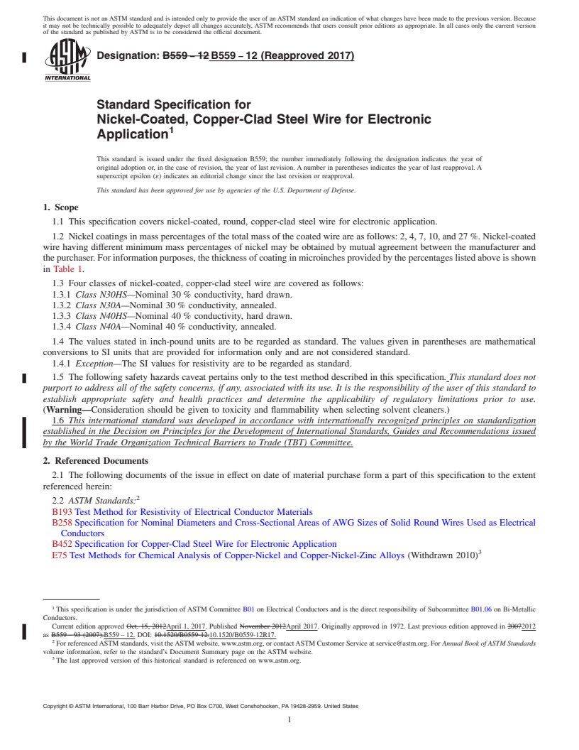 REDLINE ASTM B559-12(2017) - Standard Specification for Nickel-Coated, Copper-Clad Steel Wire for Electronic Application