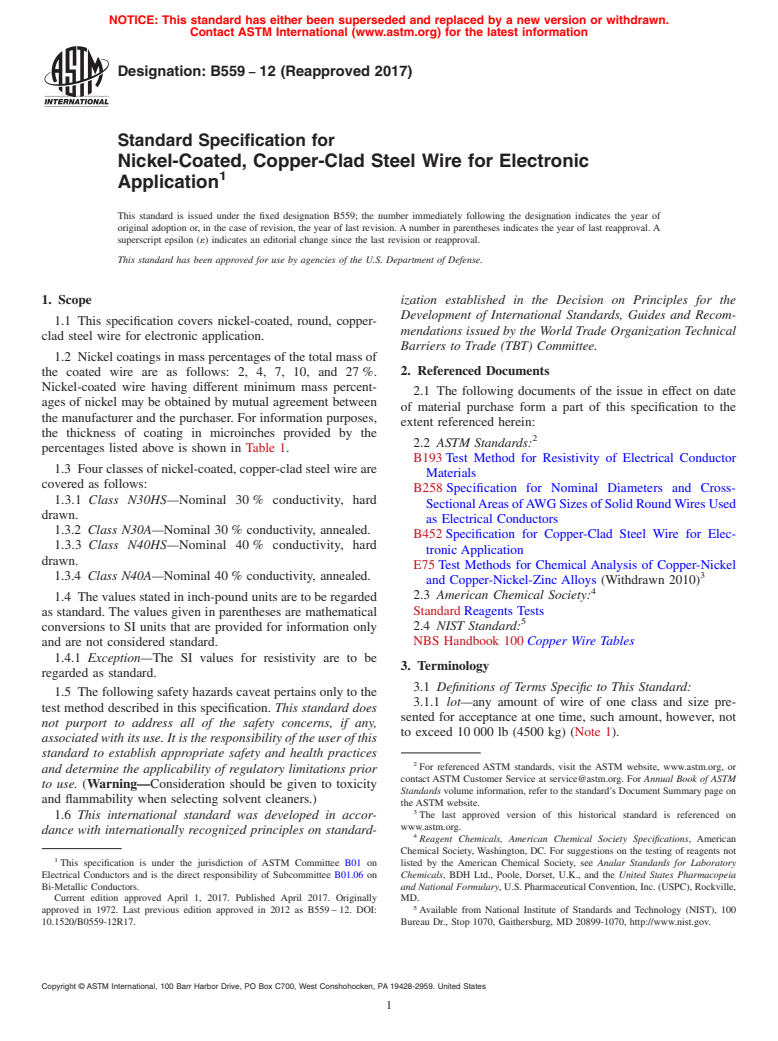 ASTM B559-12(2017) - Standard Specification for Nickel-Coated, Copper-Clad Steel Wire for Electronic Application