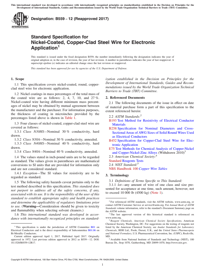 ASTM B559-12(2017) - Standard Specification for Nickel-Coated, Copper-Clad Steel Wire for Electronic Application