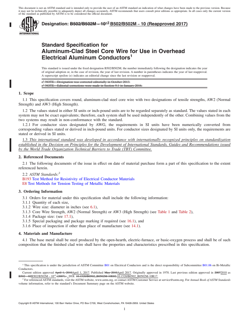 REDLINE ASTM B502/B502M-10(2017) - Standard Specification for Aluminum-Clad Steel Core Wire for Use in Overhead Electrical   Aluminum Conductors