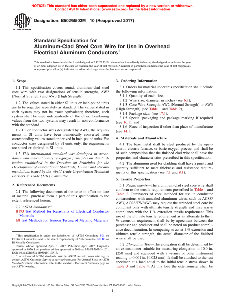 ASTM B502/B502M-10(2017) - Standard Specification for Aluminum-Clad Steel Core Wire for Use in Overhead Electrical   Aluminum Conductors