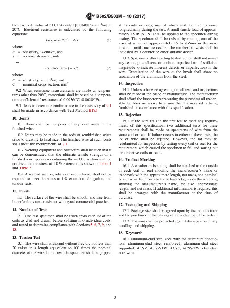 ASTM B502/B502M-10(2017) - Standard Specification for Aluminum-Clad Steel Core Wire for Use in Overhead Electrical   Aluminum Conductors