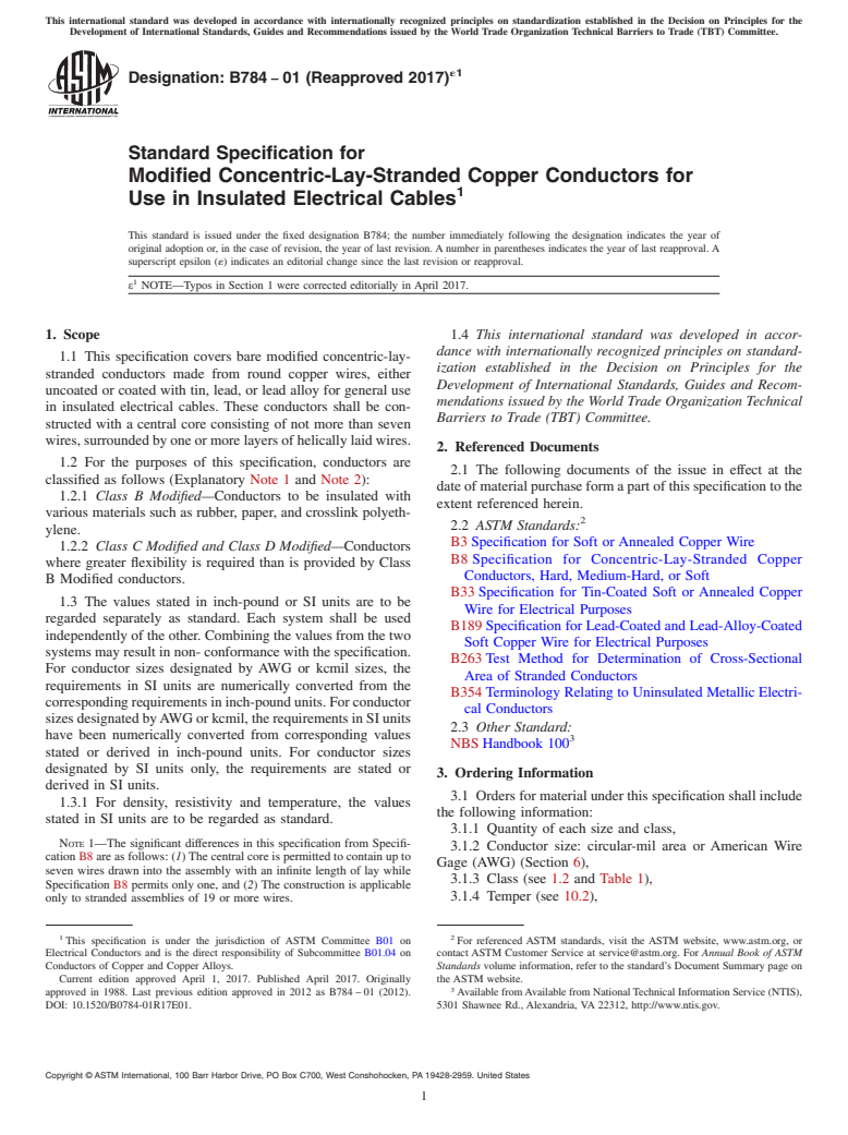 ASTM B784-01(2017)e1 - Standard Specification for  Modified Concentric-Lay-Stranded Copper Conductors for Use  in Insulated Electrical Cables