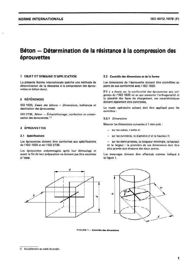 ISO 4012:1978 - Béton -- Détermination de la résistance a la compression des éprouvettes
