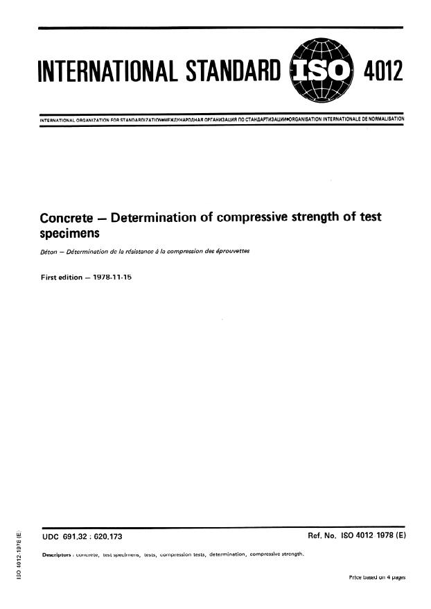 ISO 4012:1978 - Concrete -- Determination of compressive strength of test specimens