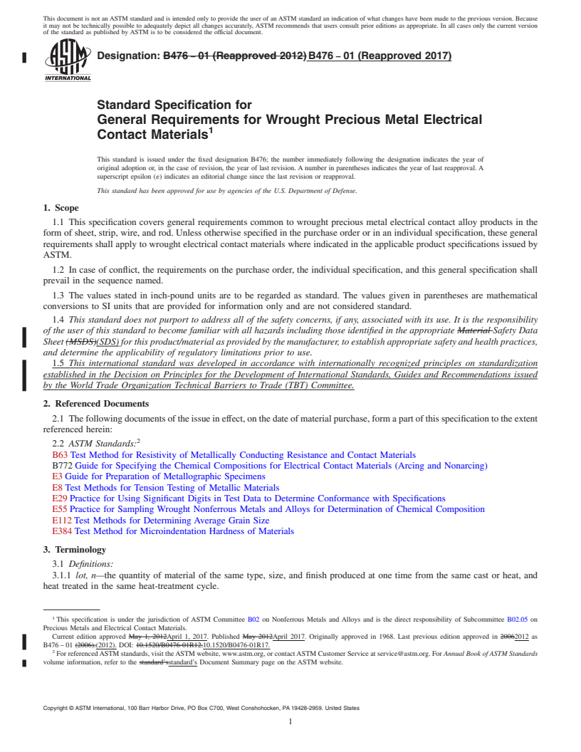 REDLINE ASTM B476-01(2017) - Standard Specification for General Requirements for Wrought Precious Metal Electrical  Contact  Materials