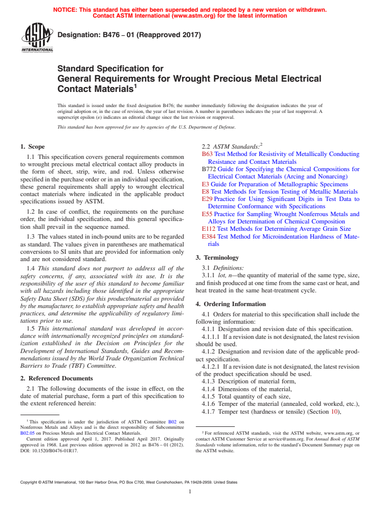 ASTM B476-01(2017) - Standard Specification for General Requirements for Wrought Precious Metal Electrical  Contact  Materials