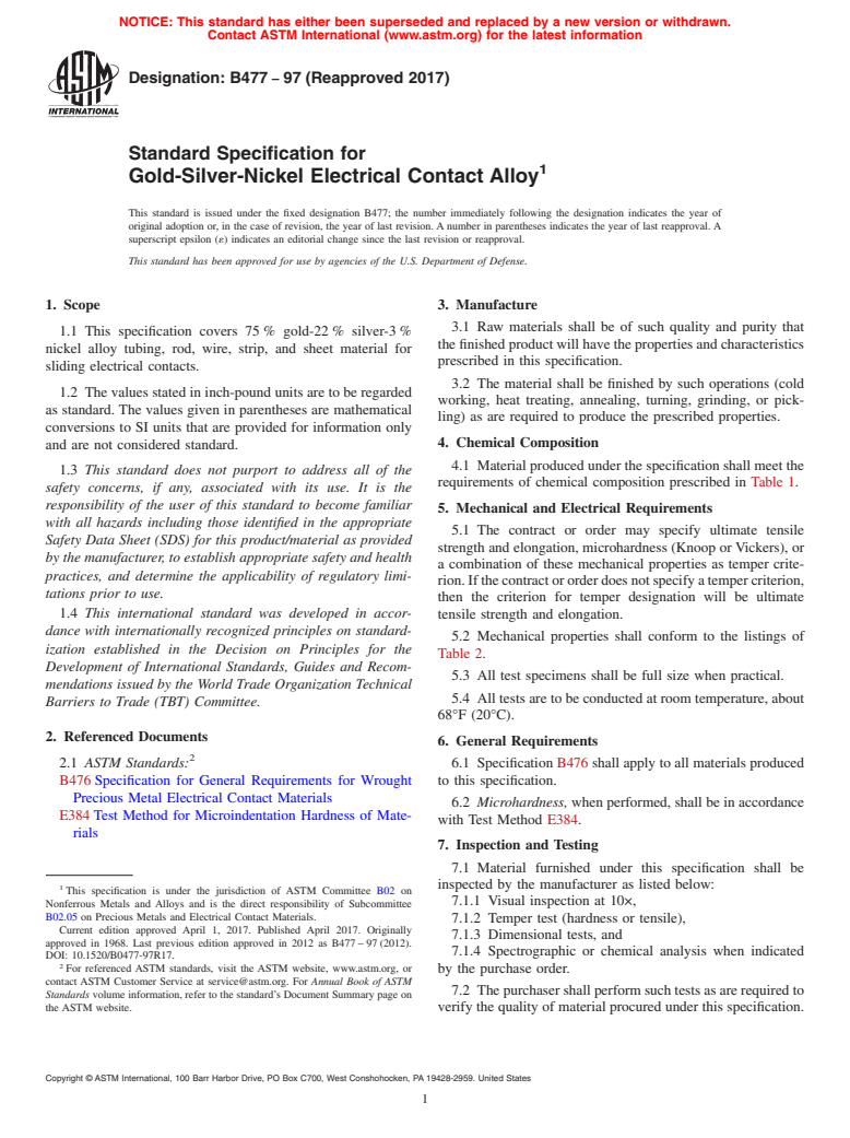 ASTM B477-97(2017) - Standard Specification for Gold-Silver-Nickel Electrical Contact Alloy