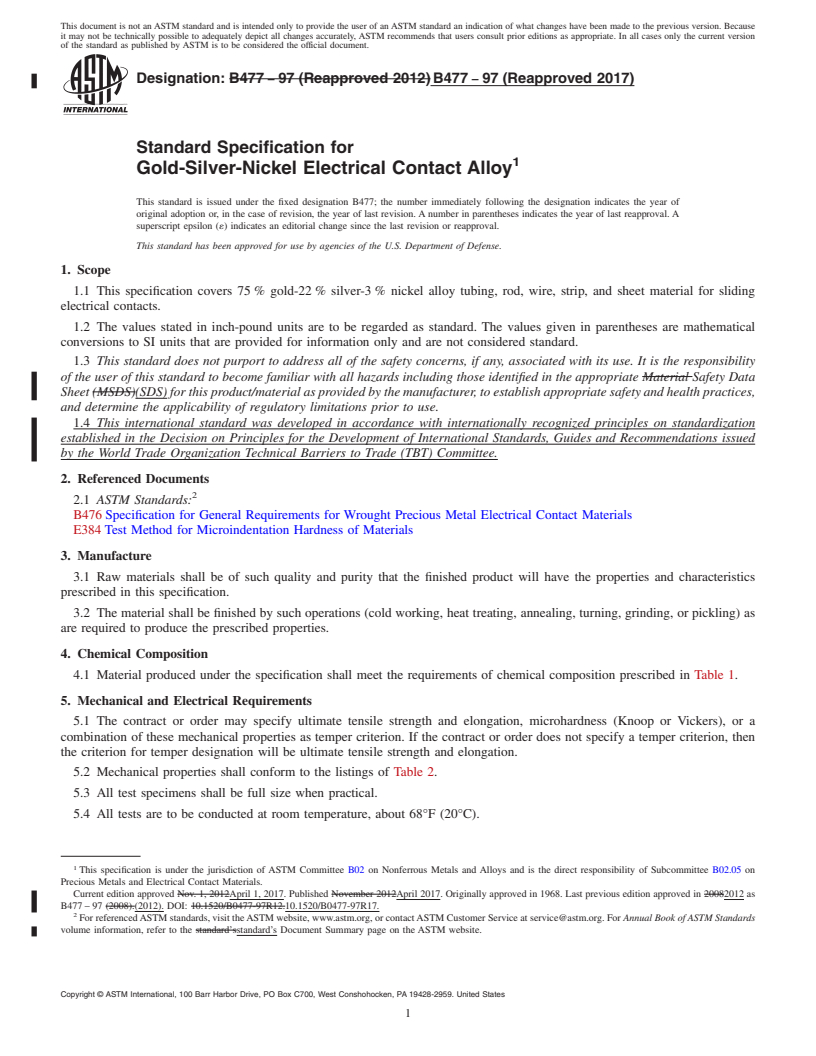 REDLINE ASTM B477-97(2017) - Standard Specification for Gold-Silver-Nickel Electrical Contact Alloy