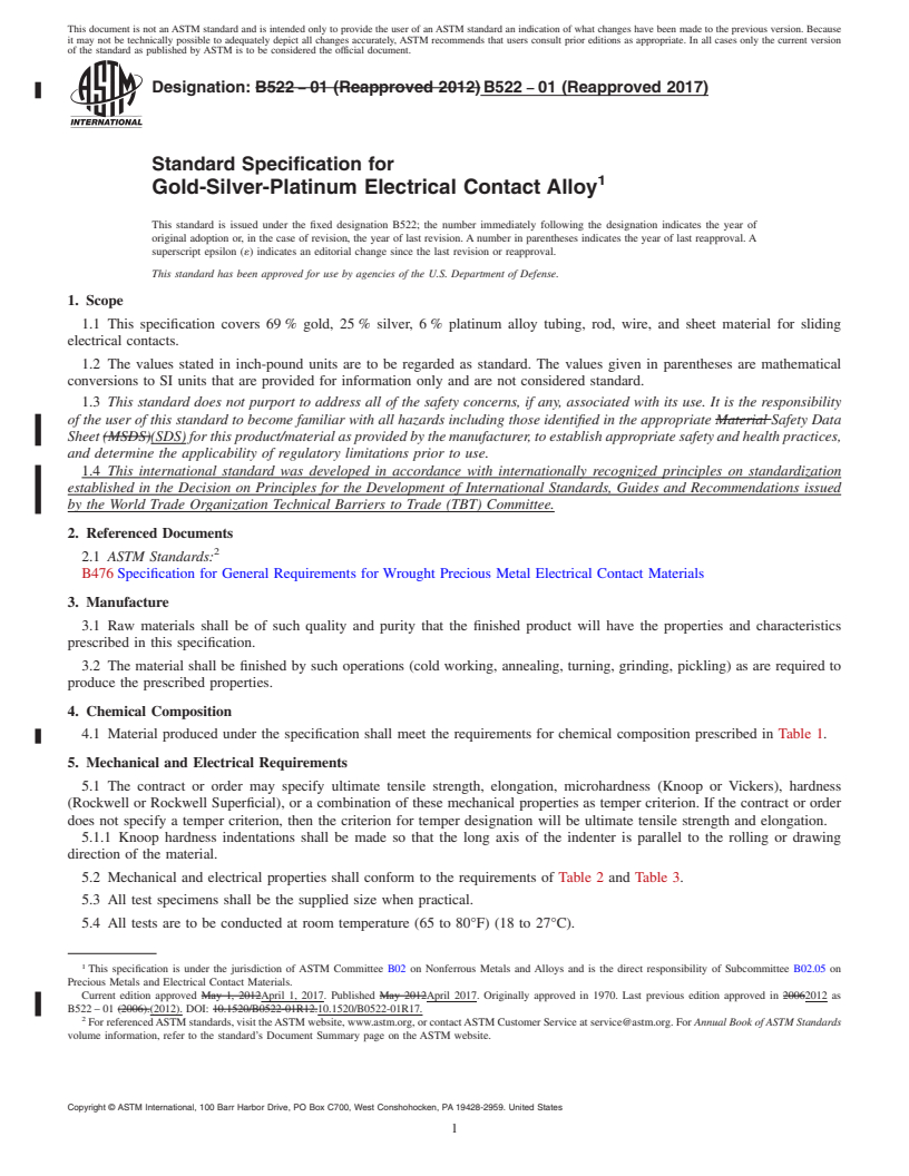 REDLINE ASTM B522-01(2017) - Standard Specification for Gold-Silver-Platinum Electrical Contact Alloy