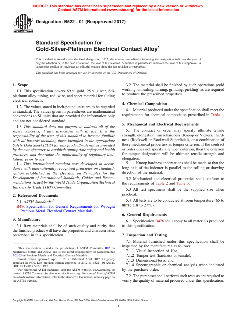 ASTM B522-01(2017) - Standard Specification for Gold-Silver-Platinum Electrical Contact Alloy