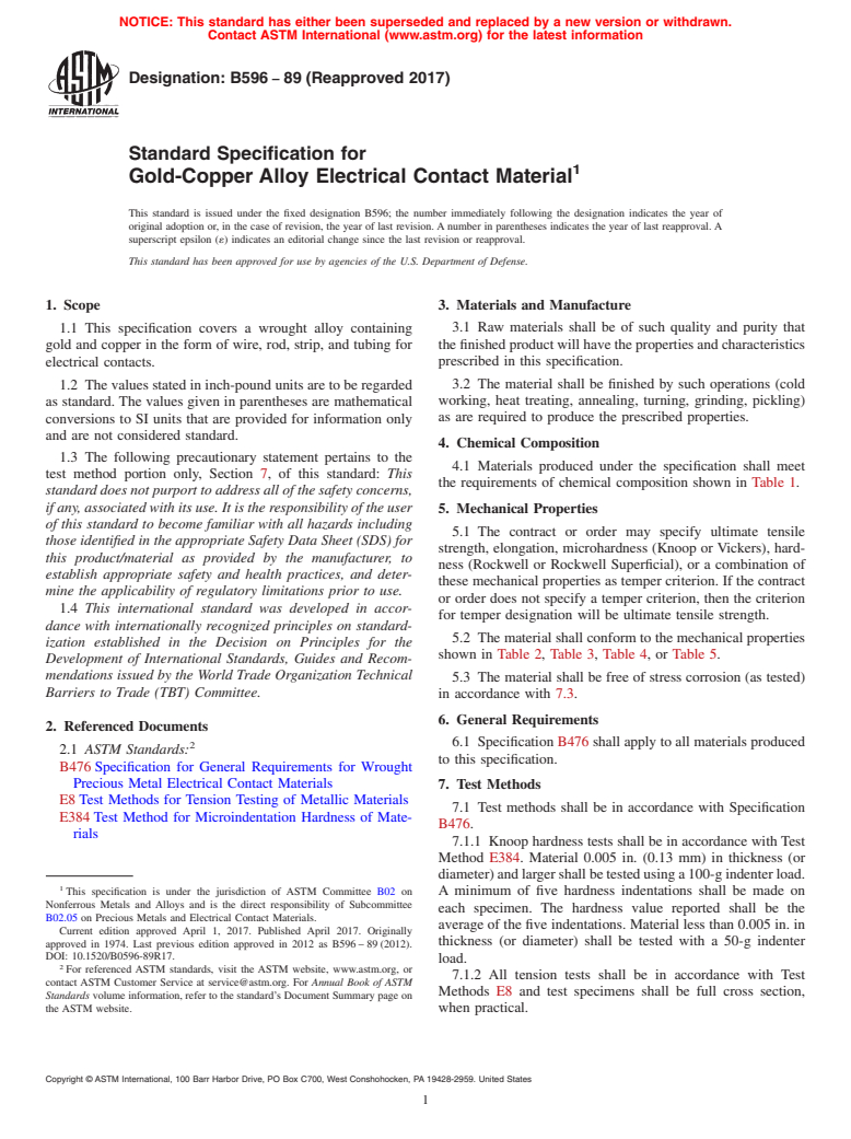 ASTM B596-89(2017) - Standard Specification for  Gold-Copper Alloy Electrical Contact Material