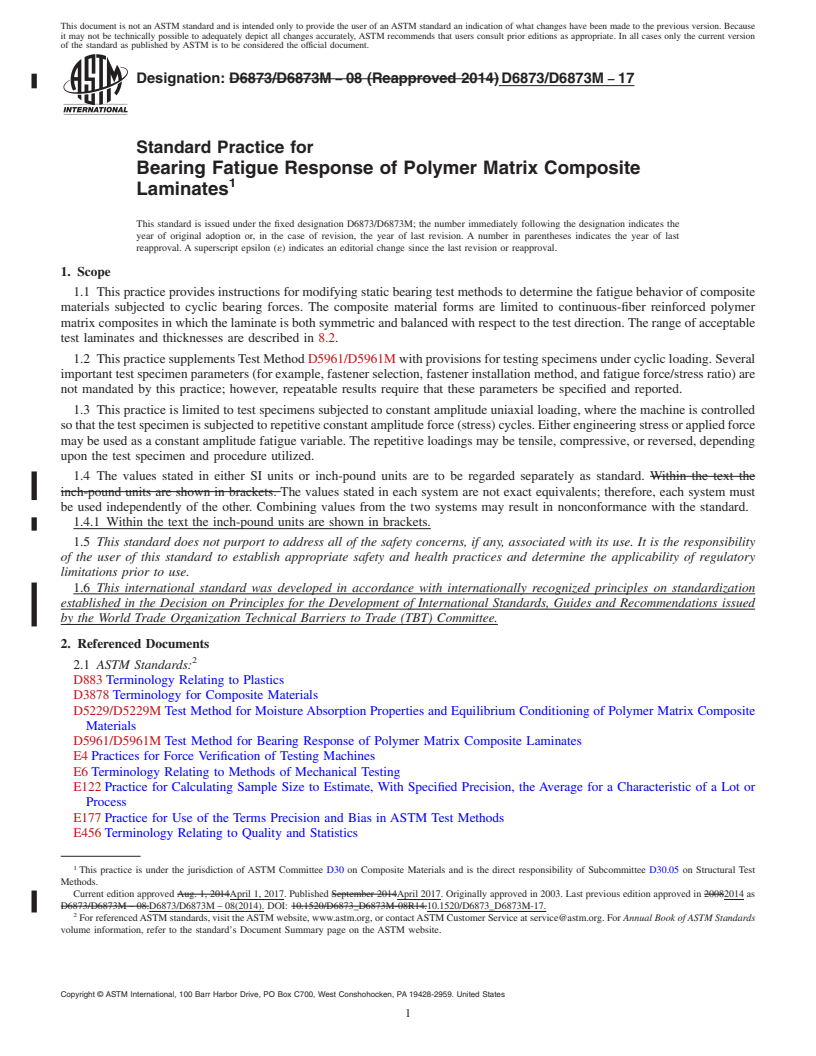 REDLINE ASTM D6873/D6873M-17 - Standard Practice for  Bearing Fatigue Response of Polymer Matrix Composite Laminates