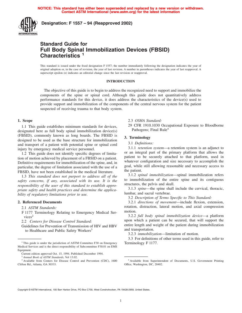 ASTM F1557-94(2002) - Standard Guide for Full Body Spinal Immobilization Devices (FBSID) Characteristics