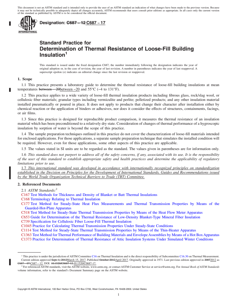 REDLINE ASTM C687-17 - Standard Practice for Determination of Thermal Resistance of Loose-Fill Building  Insulation